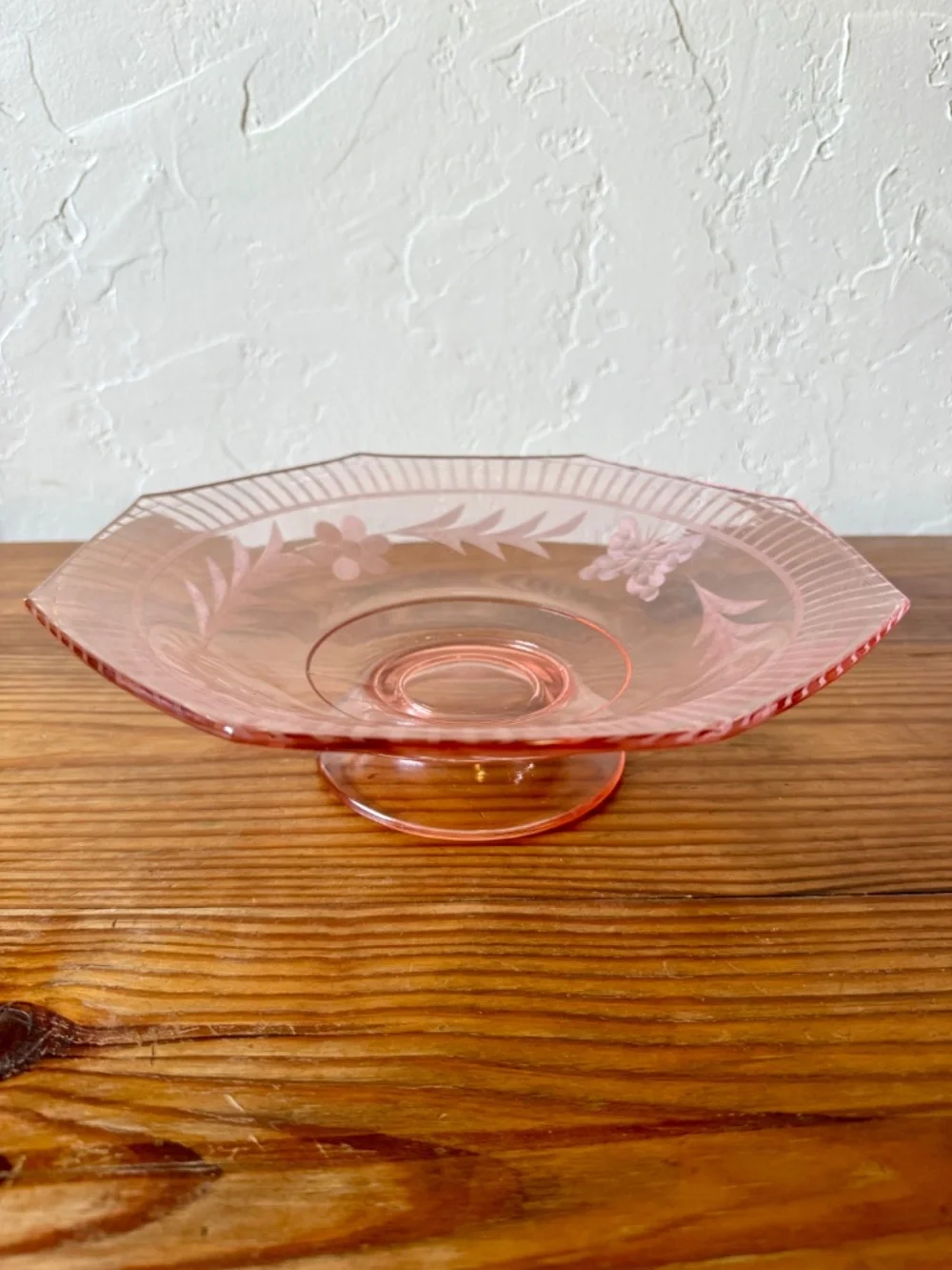 Vintage Depression Glass Pink Etched Glass Pedestal Compote Fruit Bowl